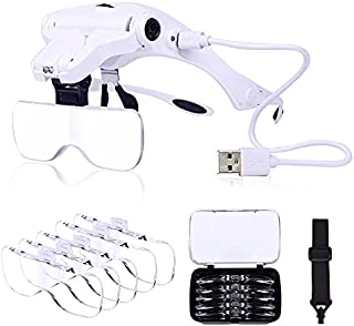 Head Mount Magnifier with Light, USB Charging Magnifying Glasses for Close Work, Hands Free Magnifying Glass for Reading, Jewelers Loupe 5 Lenses 1.0X 1.5X 2.0X 2.5X 3.5X