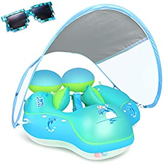 Laycol Baby Swimming Float with Sun Canopy Over UPF50+  Baby Floats for Pool Add Tail Never Flip Over (Blue, L)