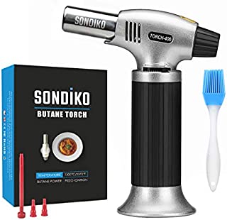 Sondiko Butane Torch, Refillable Kitchen Torch Lighter, Fit All Butane Tanks Blow Torch with Safety Lock and Adjustable Flame for Desserts, Creme Brulee, BBQ and Baking(Butane Gas Not Included)