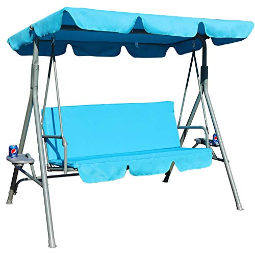 GOLDSUN Durable 3 Person Outdoor Patio Cushioned Swing with Cupholder Weather Resistant Canopy Steel Frame and Removable Cushion (Blue)