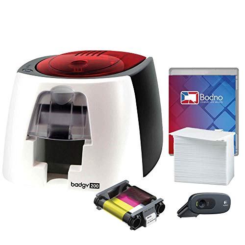 Badgy200 Color Plastic ID Card Printer with Complete Supplies Package with Photo ID Camera & Bodno ID Software - Bronze Edition