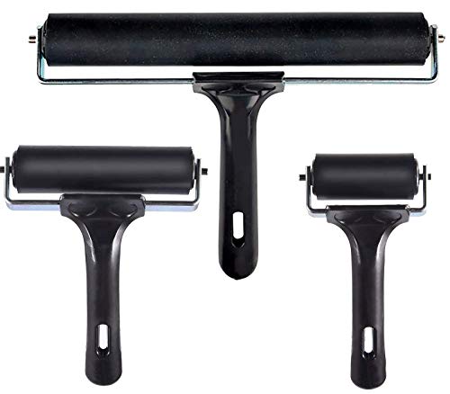 3 Pack Printmaking Brayers - Premium Brayer Rollers for Crafting, Hard Rubber Roller Brayers, Vinyl Roller Ink Paint Brush for Wallpapers Stamping Gluing Application (2.4, 4, 7.9) (Black)