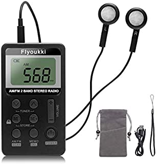 Pocket Small Radio by Flyoukki, Personal Mini AM FM Portable Digital Tuning Transistor Radios with Best Reception, Earphones, Lanyard and Rechargeable Battery for Walking Jogging Exercising (Black)