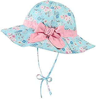 Baby Girl Sun Hat Toddler Hats with Bows Infant Hat Baby Wide Brim Bucket Hat Baby Summer Beach Swim Hat Blue Flower 6-12 Months