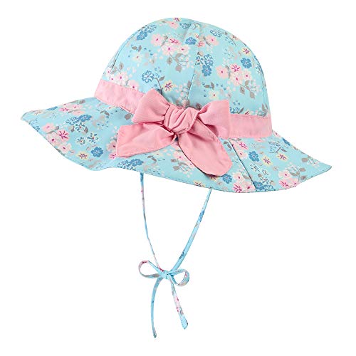 Baby Girl Sun Hat Toddler Hats with Bows Infant Hat Baby Wide Brim Bucket Hat Baby Summer Beach Swim Hat Blue Flower 6-12 Months