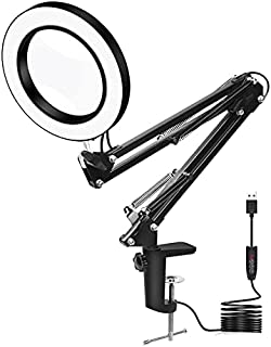 Toolour LED 5X Magnifying Glass Light Desk Lamp - 3 Light Colors Illuminated 10 Brightness Dimmable - USB Powered Magnifier Lighted Lens Adjustable Swivel Arm and Tabletop Clamp for Close Work Craft