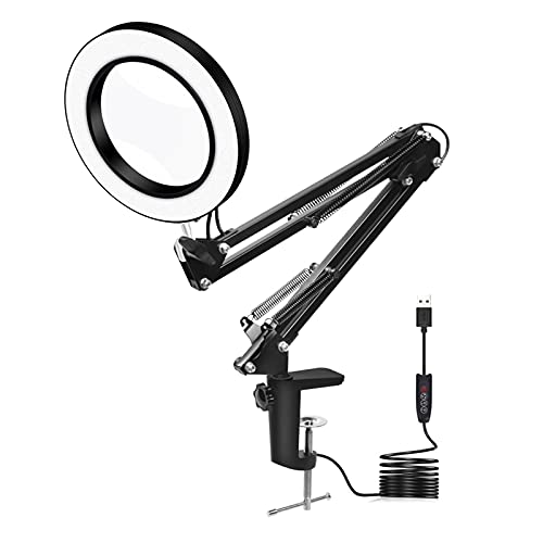 Toolour LED 5X Magnifying Glass Light Desk Lamp - 3 Light Colors Illuminated 10 Brightness Dimmable - USB Powered Magnifier Lighted Lens Adjustable Swivel Arm and Tabletop Clamp for Close Work Craft