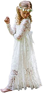 Fancy Ivory White Lace Flower Girl Dress Boho Rustic First Communion Gowns(Size 6,Ivory)