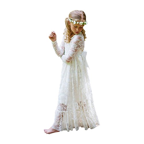 Fancy Ivory White Lace Flower Girl Dress Boho Rustic First Communion Gowns(Size 6,Ivory)