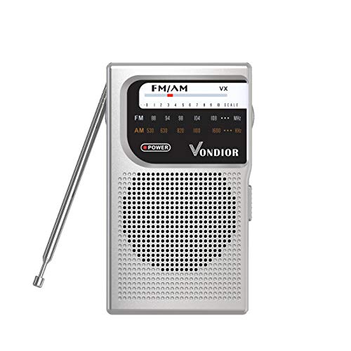 AM FM Battery Operated Portable Pocket Radio - Best Reception and Longest Lasting. AM FM Compact Transistor Radios Player Operated by 2 AA Battery, Mono Headphone Socket, by Vondior (Silver)