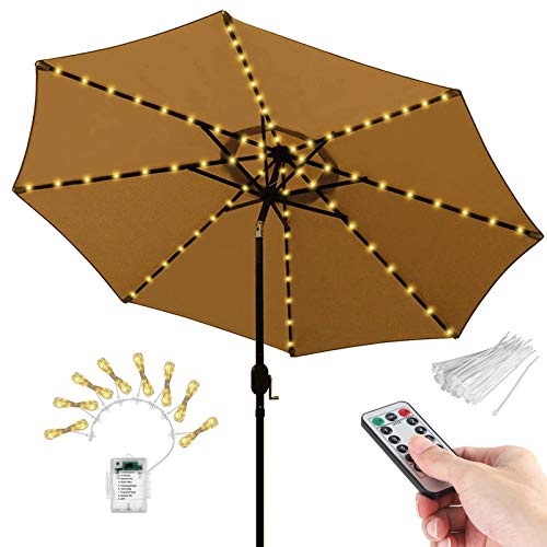 Patio Umbrella Lights with Remote Control, Outdoor Home Christmas Decor 8 Brightness Modes 104 LEDs Umbrella Pole Light Waterproof 3AA Battery Operated Parasol String Lights for Camping Tents