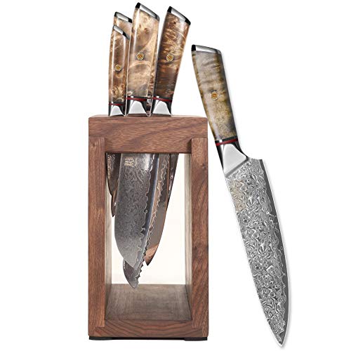 Kitchen Damascus Knife Set Japanese VG-10 Steel Knives Block Set Shadow Wood Handle for Chef Knife Set High Carbon Core Stainless Steel Full Tang Kitchen Knife Set with Block High End (8 Piece)