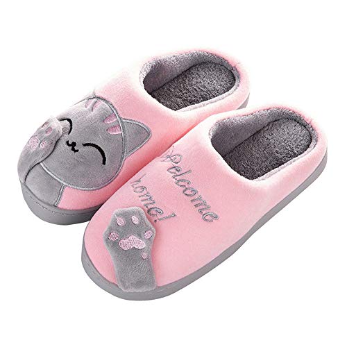 Aniywn Women Winter Home Indoor Warm Fleece Slippers Cat Non-Slip Warm Indoors Bedroom Floor Shoes(Pink,40-41)