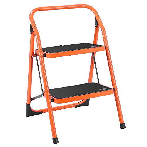 LUISLADDERS Step Ladder 2 Step Stool Fold Sturdy Steel Ladder 330lbs EN131 Portable Anti-Slip and Wide Pedal Ladder Multi-Use for Home,Garden and Office