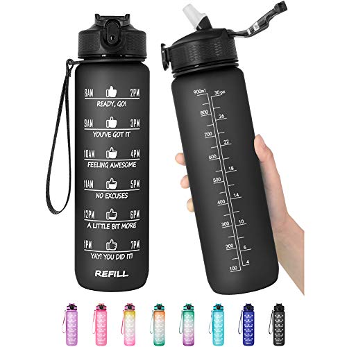 32 oz Motivational Water Bottle with Time Marker & Straw - BPA Free & Leakproof Tritian Frosted Portable Reusable Fitness Sport 1L Water Bottle for Men Women Kids Student to Office School Gym Workout