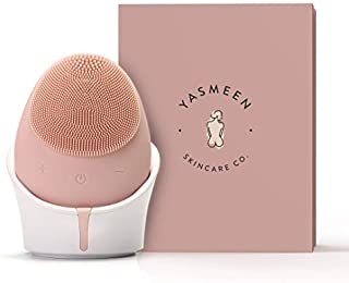 Sonic Vibrating Facial Cleansing Brush by Yasmeen Skin care Co. Rechargeable Face Scrubber Silicone Facial Brush for Acne and Anti Aging and Facial Massager