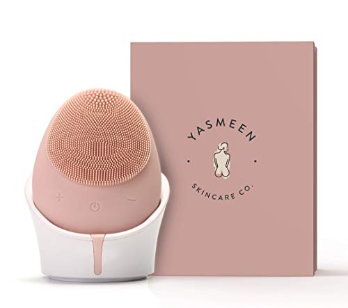 Sonic Vibrating Facial Cleansing Brush by Yasmeen Skin care Co. Rechargeable Face Scrubber Silicone Facial Brush for Acne and Anti Aging and Facial Massager