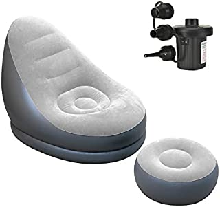 Inflatable Lounge Chair with Ottoman Blow Up Chaise Lounge Air Lazy Sofa Set (Grey)