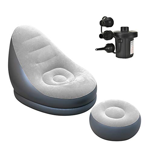 Inflatable Lounge Chair with Ottoman Blow Up Chaise Lounge Air Lazy Sofa Set (Grey)