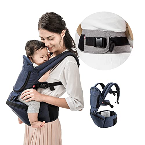 MiaMily Hipster Plus Hip Seat Baby Carrier 6-in-1 Front and Back, Lumbar Support, for Newborn to Toddler, Storage, Dark Blue