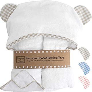 Premium Organic Baby Towel with Hood and Washcloth Gift Set - Boutique Baby Towels and Washcloths - Bamboo Hooded Towels for Baby - Hypoallergenic Large Toddler Towels for Boys or Girls (Beige/White)