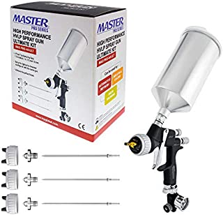 Master Pro 44 Series High Performance HVLP Spray Gun Ultimate Kit with 4 Fluid Tip Sets 1.3, 1.4, 1.5 and 1.8mm and Air Pressure Regulator Gauge - Automotive Basecoats, Clearcoats, Primers Woodworking
