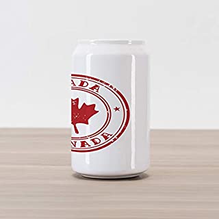 Ambesonne Canada Cola Can Shape Piggy Bank, Rubber Stmap Print with Canadian Flag Motif Maple Silhouette in a Circle, Ceramic Cola Shaped Coin Box Money Bank for Cash Saving, Vermilion and White