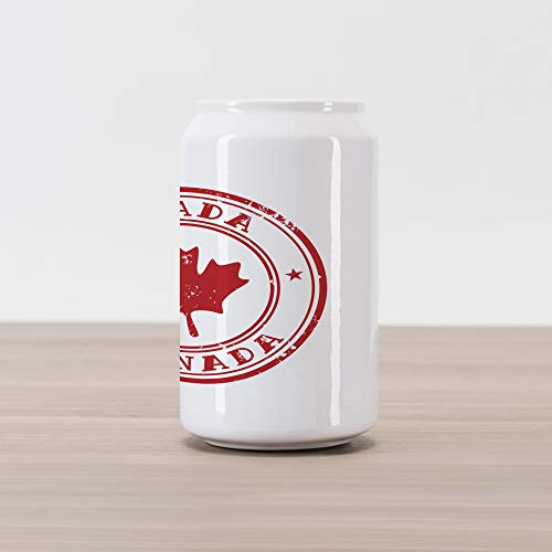 Ambesonne Canada Cola Can Shape Piggy Bank, Rubber Stmap Print with Canadian Flag Motif Maple Silhouette in a Circle, Ceramic Cola Shaped Coin Box Money Bank for Cash Saving, Vermilion and White