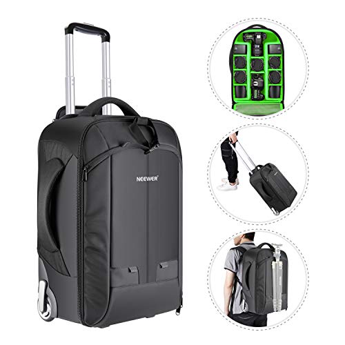 Neewer 2-in-1 Convertible Wheeled Camera Backpack Luggage Trolley Case with Double Bar, Anti-Shock Detachable Padded Compartment for SLR/DSLR Cameras, Tripod, Lens and Other Accessories (Black/Green)