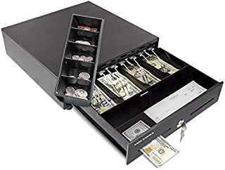 Mini Cash Register Drawer for Point of Sale (POS) System with 4 Bill 5 Coin Cash Tray, Removable Coin Compartment, 24V, RJ11/RJ12 Key-Lock, Media Slot, Black - for Stores, Shops, and Businesses