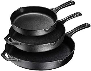 Pre-Seasoned Cast Iron 3 Piece Skillet Bundle. 12 + 10 + 8 Set of 3 Cast Iron Frying Pans Heavy Duty Professional Chef Tools Indoor & Outdoor Use Grill, StoveTop, Black