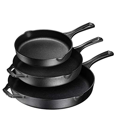 Pre-Seasoned Cast Iron 3 Piece Skillet Bundle. 12 + 10 + 8 Set of 3 Cast Iron Frying Pans Heavy Duty Professional Chef Tools Indoor & Outdoor Use Grill, StoveTop, Black