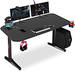 55 Inch Ergonomic Gaming Desk, T-Shaped PC Game Computer Desk Workstation, Home Office Gamer Desk, Professional Gaming Desk with Full Desk Mouse Pad, Cup Holder & Headphone Hook