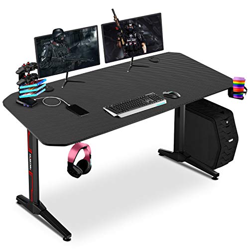 55 Inch Ergonomic Gaming Desk, T-Shaped PC Game Computer Desk Workstation, Home Office Gamer Desk, Professional Gaming Desk with Full Desk Mouse Pad, Cup Holder & Headphone Hook