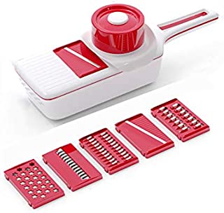 6 in 1 Mandoline Slicer & Grater, Multi-Function Fruit and Veg Cutter & Chopper, Interchangeable Stainless Steel Blade with Food Container, Julienne Slice for Potato Tomato Onion