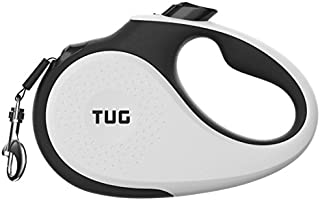 TUG 360° Tangle-Free, Heavy Duty Retractable Dog Leash for Up to 110 lb Dogs; 16 ft Strong Nylon Tape/Ribbon; One-Handed Brake, Pause, Lock (Large, White)