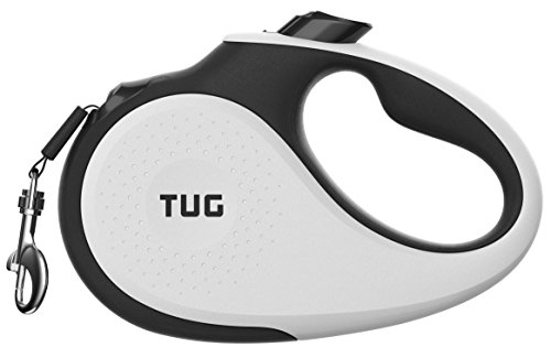 TUG 360° Tangle-Free, Heavy Duty Retractable Dog Leash for Up to 110 lb Dogs; 16 ft Strong Nylon Tape/Ribbon; One-Handed Brake, Pause, Lock (Large, White)