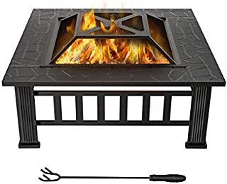 WINWEND Fire Pit Outdoor Wood Burning, 32in Firepit with Spark Screen, Waterproof Cover, Poker, Square Firepit for Patio Backyard Garden