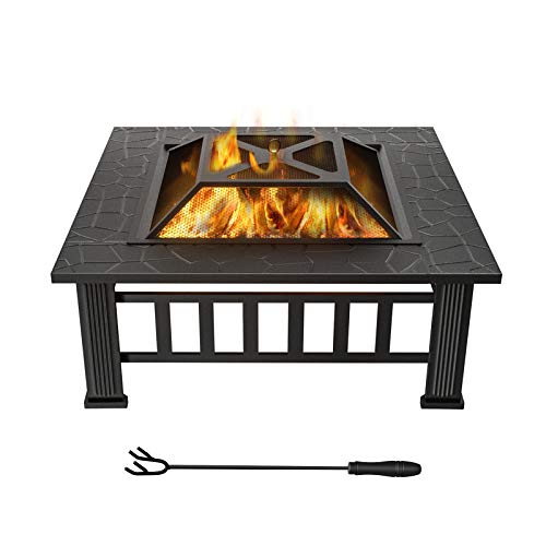 WINWEND Fire Pit Outdoor Wood Burning, 32in Firepit with Spark Screen, Waterproof Cover, Poker, Square Firepit for Patio Backyard Garden