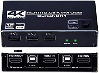 HDMI 2.0b KVM USB Switch 2 Port, 2 Computers Share One Monitor 2x1, 3 USB 2.0 Hub, Ultra HD 4K@60Hz, HDCP 2.2, Support Wireless Keyboard and Mouse