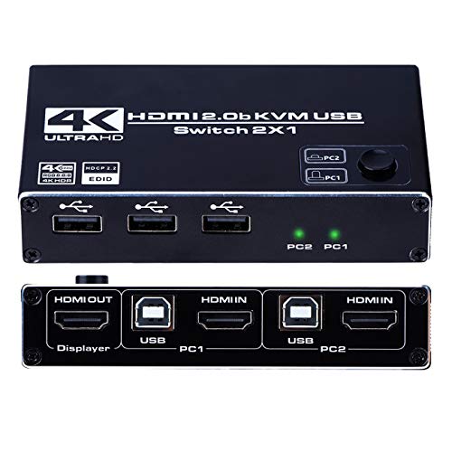 HDMI 2.0b KVM USB Switch 2 Port, 2 Computers Share One Monitor 2x1, 3 USB 2.0 Hub, Ultra HD 4K@60Hz, HDCP 2.2, Support Wireless Keyboard and Mouse