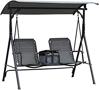 Outsunny 2 Person Covered Porch Swing with Pivot Storage Table, Cup Holder, & Adjustable Overhead Canopy, Grey