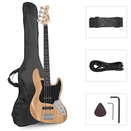 GLARRY 4 String GJazz Electric Bass Guitar Full Size Right Handed with Guitar Bag, Amp Cord and Beginner Kits (Burly Wood)