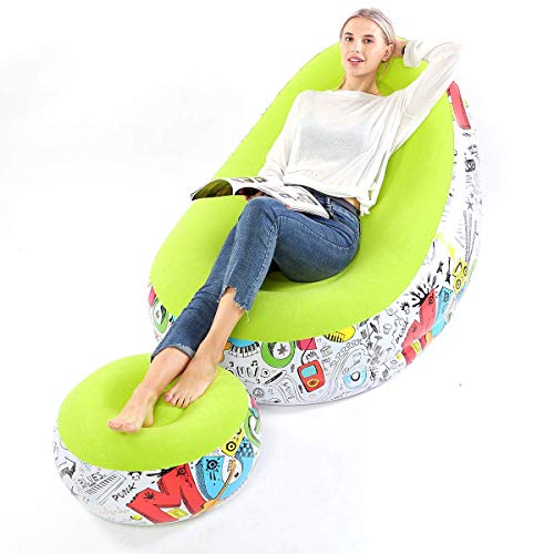 Lazy Sofa, Inflatable Sofa, Family Inflatable Lounge Chair, Graffiti Pattern Flocking Sofa, with Inflatable Foot Cushion, Suitable for Home Rest or Office Rest, Outdoor Folding Sofa Chair (Green)