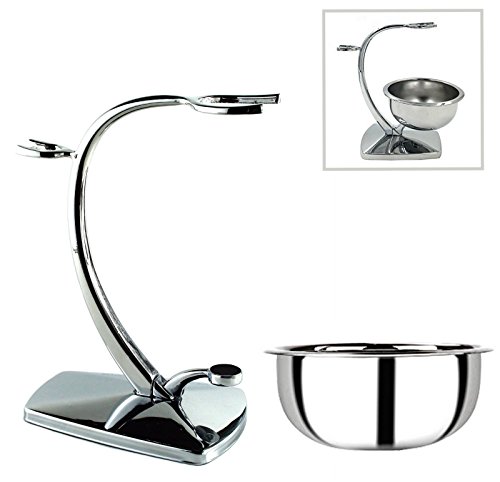 Luxury Premium Quality Set of Chrome Shaving Stand with Shaving Bowl - Compatible with MOST Manual Razors and Brushes