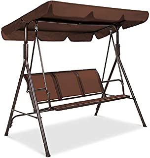 Best Choice Products 3-Seater Outdoor Adjustable Canopy Swing Glider, Patio Loveseat Bench for Deck, Porch w/Armrests, Textilene Fabric, Steel Frame - Brown