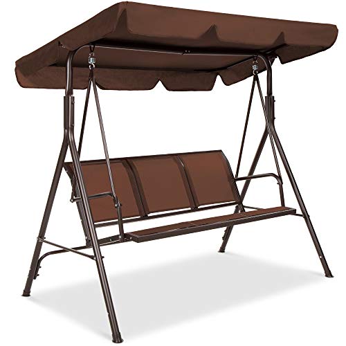 Best Choice Products 3-Seater Outdoor Adjustable Canopy Swing Glider, Patio Loveseat Bench for Deck, Porch w/Armrests, Textilene Fabric, Steel Frame - Brown