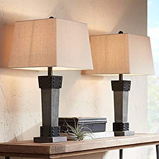 Jacob Farmhouse Industrial Table Lamps Set of 2 LED Gray Faux Wood Dark Metal Tapering Rectangular Shade for Living Room Bedroom House Bedside Nightstand Home Office Family - John Timberland