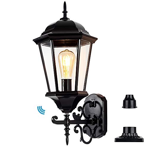 Outdoor Wall Lantern Dusk to Dawn, Wall Lights Fixture with Photocell Sensor, 21 Large Post Light/Pole Light/Porch Light/Carriage Light with Pole/Pier Mount Base (Bulb Included)