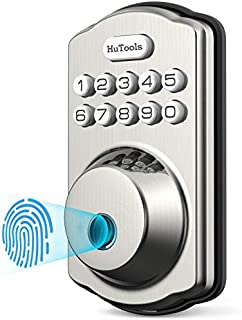 Keyless Entry Door Lock, Hutools Keypad Deadbolt Lock Fingerprint, Biometric Auto Lock, 20 User Codes, Emergency Charging Supply, Satin Nickel